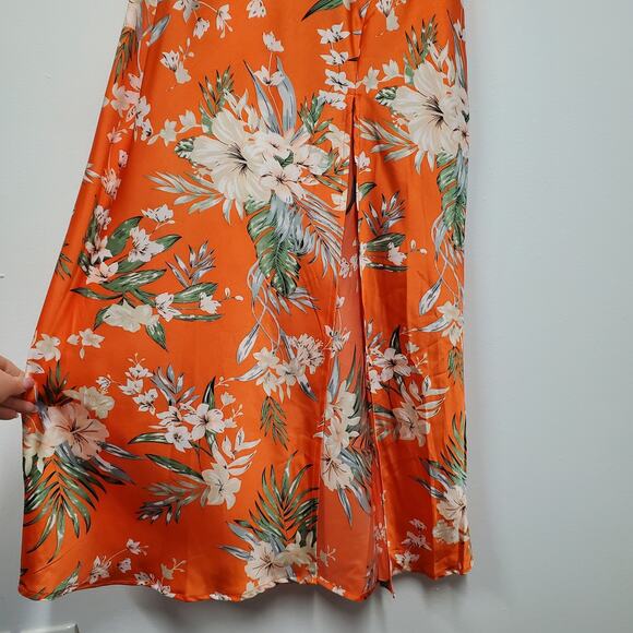 Paper Heart Silky Maxi Dress M Orange Floral Cowl Neck High Slit Garden Party - Picture 4 of 16